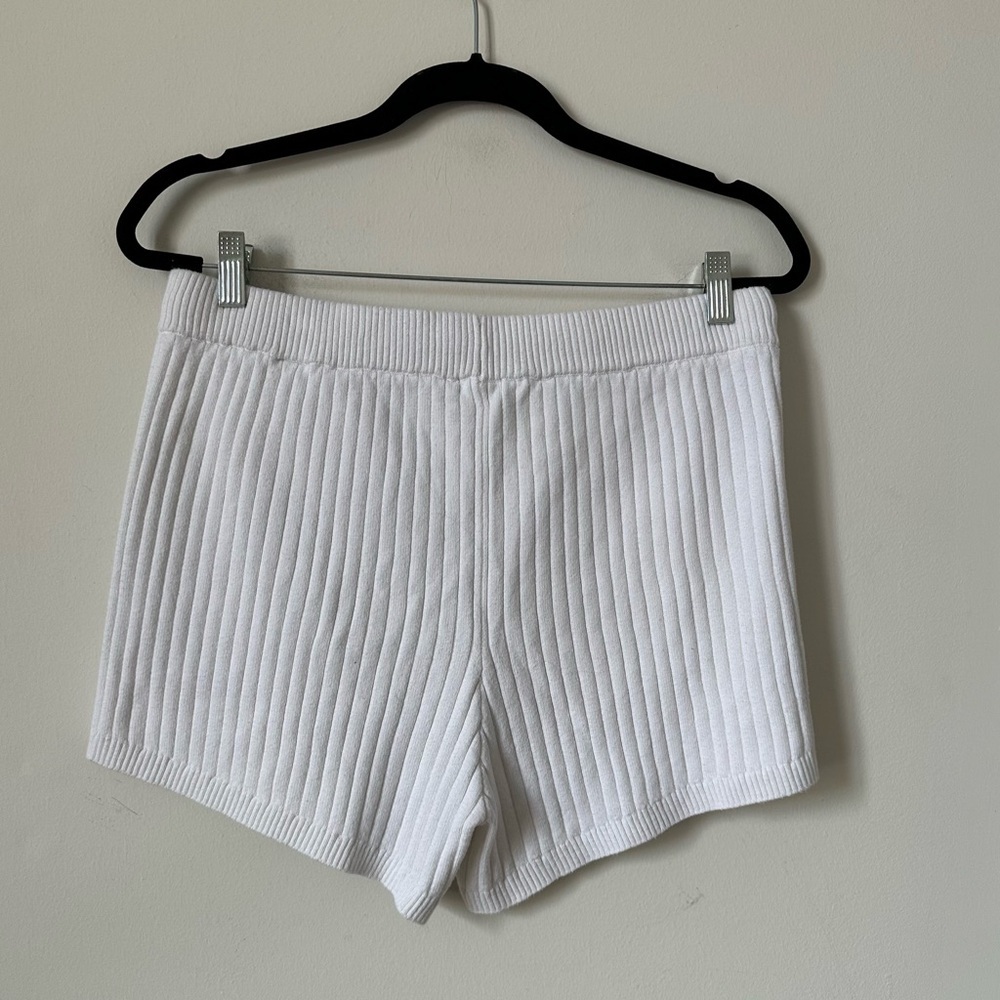 Minnie Rose White Ribbed Knit Shorts Cotton Cashmere Blend Size M - Picture 2 of 5